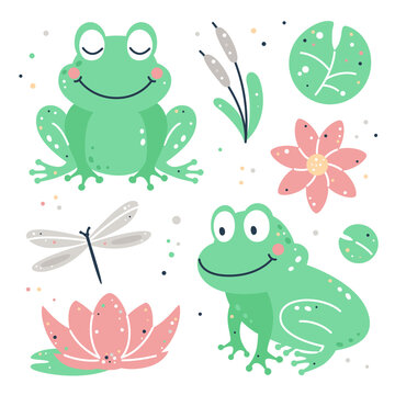 Hand drawn childish set with frog, leaves, flowers and dragonfly.