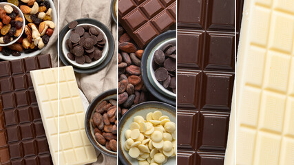 Collage of different types of chocolate and chocolate products