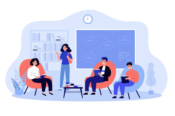 Group of college students sitting in chairs in classroom and reading books together. Vector illustration for school reading club, education, knowledge concept