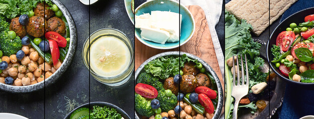 Collage of vegetarian variety dishes on black background. Healthy vegan food.
