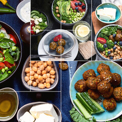 Collage of vegetarian variety dishes on black background. Healthy vegan food.