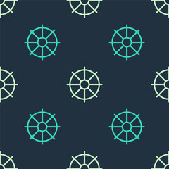 Green and beige Dharma wheel icon isolated seamless pattern on blue background. Buddhism religion sign. Dharmachakra symbol. Vector.