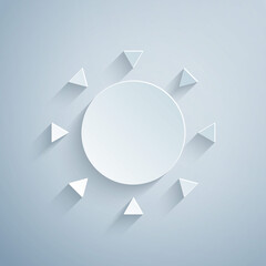 Paper cut Sun icon isolated on grey background. Summer symbol. Good sunny day. Paper art style. Vector.