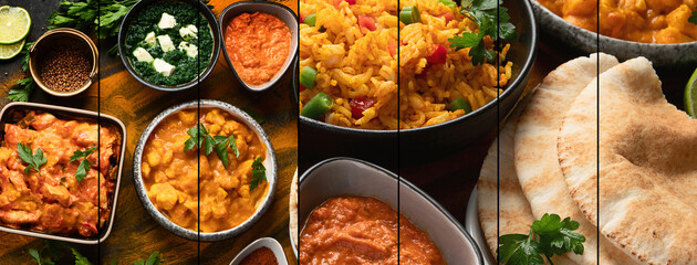 Collage of assorted indian food on black background.. Indian cuisine.