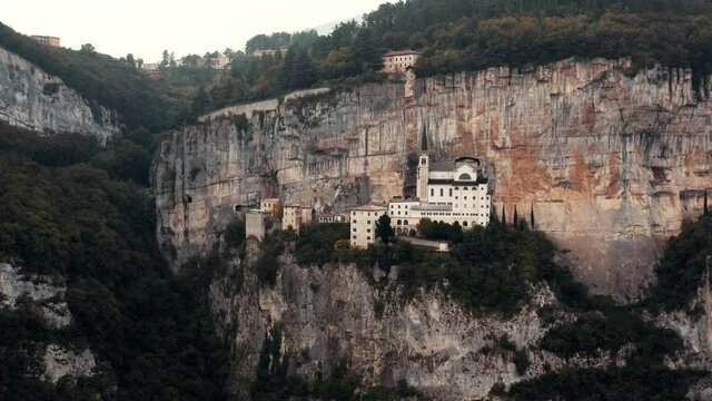 Aerial view over secret church in the mountains.