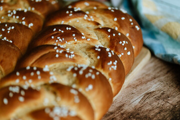 Fresh baked sweet braided yeast bun, food, still life