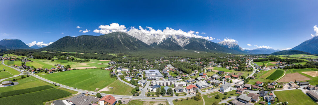 Panorama aerial view of mieming mountain range in Obermieming valley in Tyrol Austria