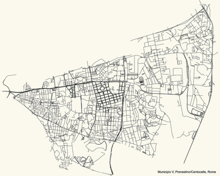 Black simple detailed street roads map on vintage beige background of the neighbourhood Municipio V &ndash; Prenestino/Centocelle municipality of Rome, Italy