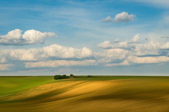 Scenic view of rolling field against sky near Kyjov, Hodonin District, South Moravian Region, Moravia, Czech Republic