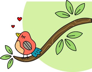 A cute bird sits on a branch and sings. A more cheerful mood. A fun illustration. Spring birds.