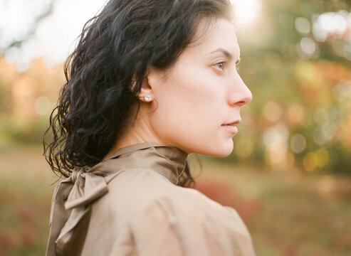 Analog Film Fashion Portrait Of Woman Profile Side Of Face In Dress