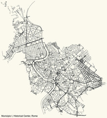 Black simple detailed street roads map on vintage beige background of the neighbourhood Municipio I – Historical Center municipality of Rome, Italy