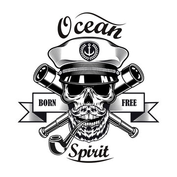 Ship captain emblem design. Monochrome element with skull with smoking pipe in cap crossed bones vector illustration with text. Sailing or navigating concept for labels and badges templates