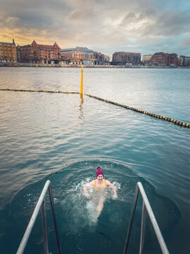Happy Winter Bather Smiling After She Jumped In The Water In Denmark