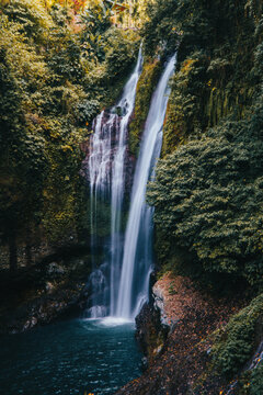 Long exposure of waterfall in rainforest on Bali.