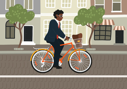 Businessman on bicycle rides to work. African ethnicity office worker on bike with briefcase in basket.