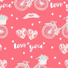Seamless cute pattern for lovers or wedding, girl's pink pattern with elements in the style of doodle, hearts, love letter, roses, bouquet, lock with key, bicycle with flowers, hand draw.