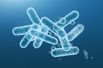 Close-up of 3d rendering microscopic blue bacteria.