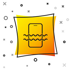 Black Waterproof mobile phone icon isolated on white background. Smartphone with drop of water. Yellow square button. Vector.