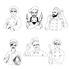 Set of male chefs in different poses, male chefs in work coats showing thumbs up gestures, beautiful chefs with beards, vector illustration in doodle style, hand draw.