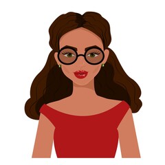 Redhead girl with wavy hair in black round glasses and a black dress, portrait of a beautiful girl, vector illustration in flat style.