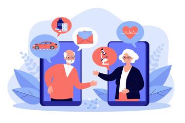 Old couple chatting online, discussing news and health. Elder aged man and woman talking through video call. Vector illustration for distance communication, family relationship concept