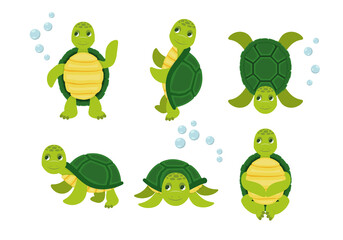 Turtle happy animal, tortoise cute and cheerful. Vector illustration. Cartoon vector turtle in various action poses