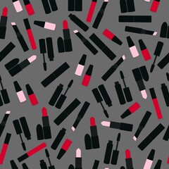 Seamless pattern with lipstick makeup mascara and nail polish, beauty fashion pattern, makeup, vector illustration in flat style.