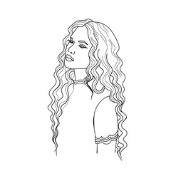Portrait of beautiful girls with long hair, young beautiful girl with elegant hairstyle for long hair, trendy logos for beauty salons, avatar, vector illustration in doodle style.