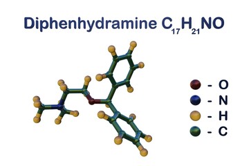 Structural chemical formula and molecular model of diphenhydramine, a first generation antihistamine and ethanolamine with sedative and anti-allergic properties. 3d illustration - obrazy, fototapety, plakaty