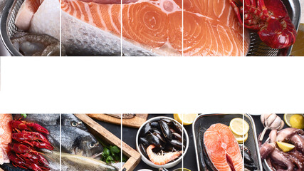 Collage of fresh fish and seafood. Healthy eating concept.