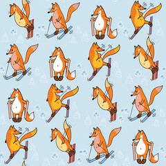 Seamless pattern of skiing foxes. Animalistic vector background. Orange and blue tones. Can be used for wallpapers, pattern fills, textile