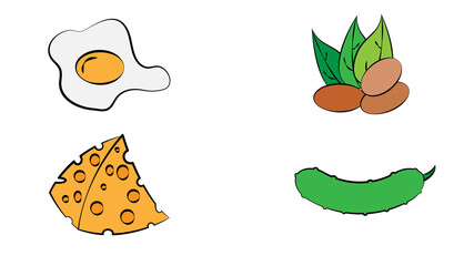 Set of various dietary food: vegetables, fruits, meat, fish, greens, cheese, nuts, berries. Collection of fresh organic food for dieting, weight loss, keeping fit, healthy eating. Vector illustration