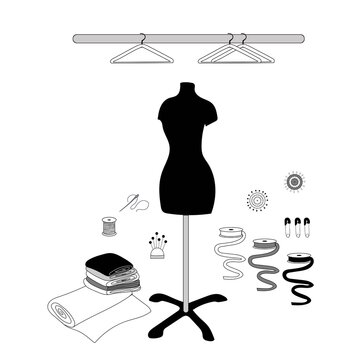 Set of tools for seamstresses, mannequin scrolls of fabric and a set of hangers, pins and pins, colored ribbons for sewing, vector image in doodle style, hand draw, isolate on a white background.
