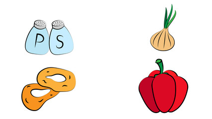 Hand drawn illustration cooking tools, dishes and food. Creative ink art work. Actual vector drawing. Kitchen set of meal