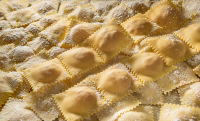 raw ravioli with flour, typical Italian stuffed egg pasta, close up, top view