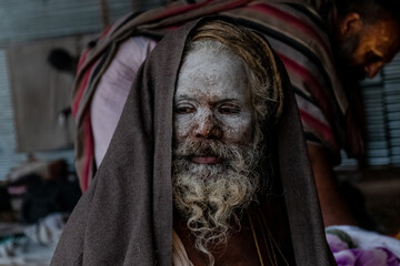 Indian Monk (Naga Sadhu baba) at Holy Ardh Kumbh Mela, in Allahabad (Prayagraj), Uttar Pradesh,...