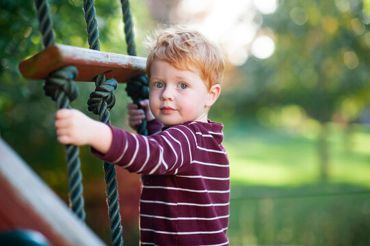 Close up of boy 3-4 years old climbing ladder on playlet in backyard
