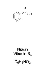 Niacin, nicotinic acid chemical structure and skeletal formula. A vitamer of vitamin B3. Essential human nutrient. Dietary supplement and medication to prevent and treat pellagra. Illustration. Vector