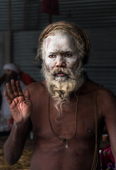 Indian Monk (Naga Sadhu baba) at Holy Ardh Kumbh Mela, in Allahabad (Prayagraj), Uttar Pradesh, India Kumbh Mela happens after 6 year of Maha Kumbh Mela.