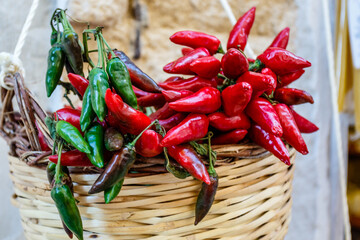 Red and green peppers for sale on a market in Lecce, Apulia, Italy - Europe