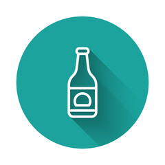 White line Beer bottle icon isolated with long shadow background. Green circle button. Vector.