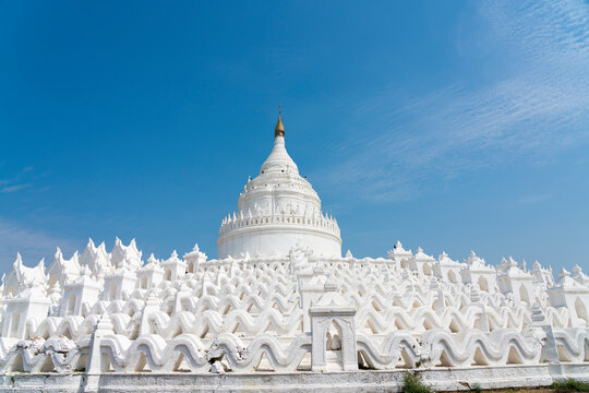 White Hsinbyume pagoda against clear blue sky, Mingun, Mandalay, Sagaing Township, Sagaing District, Sagaing Region, Myanmar