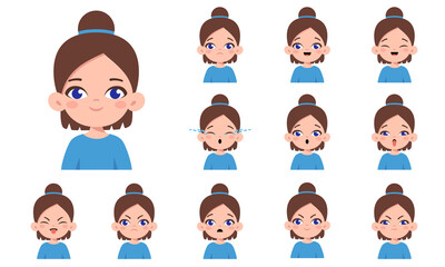 Set of cute caucasian brown-haired girl with different facial expressions. Girl emotions face collection. Cartoon character design. Happy, sad, angry, surprised. Vector isolated on white background