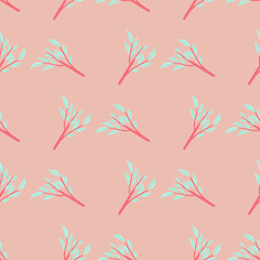 Fototapeta na wymiar Seamless geometric pattern with doodle leaf branches ornament. Pink background. Hand drawn print.