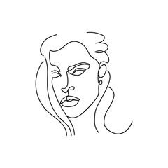 Elegant woman portrait continuous line art. Minimalistic icon. Pretty face, long hair, casual earring. Modern minimalist art, aesthetic contour. Avant garde style illustration. Vector illustration