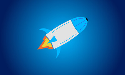 Fototapeta na wymiar Eine fliegende blau weiße Rakete mit Feuerschweif vor radialen blauen Hintergrund mit Farbverlauf