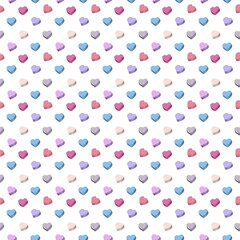 Seamless pattern with colorful three-dimensional hearts for printing on fabrics and wrapping paper. Vector image