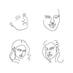 Attractive female collections. One line drawing faces and hairstyles. Pretty faces. Flirts. Aesthetic concept. Beauty minimalist. Avant garde style illustrations