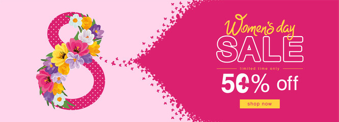 Promotional banner for women's day sale with blooming tulips and crocuses enveloping the figure eight in a wave. Advertising, discount, offer. Vector illustration, banner, poster, template